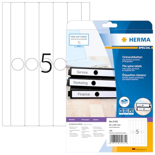 HERMA 5165 Hängeordner-Etiketten lang schmal, 25 Blatt, 34 x 297 mm, 5 pro A4 Bogen, 125 Stück, selbstklebend, bedruckbar, blickdicht, blanko Papier Ordneretiketten Rückenschilder Aufkleber, weiß von HERMA