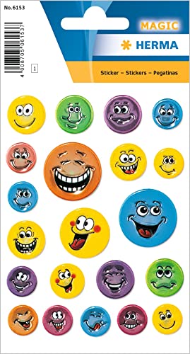 HERMA 6153 Aufkleber Smiley klein groß, 21 Stück, Belohnung Sticker mit lustigen Emoji Gesicht Motiv, Kinder Etiketten für Schule Grundschule Schüler Tagebuch Scrapbooking Geburtstag Deko DIY Basteln von HERMA