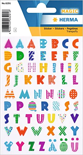 HERMA 6291 Buchstaben Aufkleber bunt, 62 Stück, selbstklebend, klein, 3D Kinder Alphanet Sticker Klebebuchstaben A-Z mit Muster zum Aufkleben DIY Basteln, mehrfarbig von HERMA
