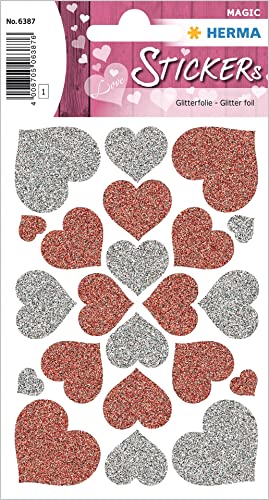 HERMA 6387 Aufkleber Herzen Glitzer groß, 22 Stück, Herz Sticker in rot silber, Etiketten in Herzform für Valentinstag Liebe Hochzeit Geburtstag Scrapbooking Dekoration Geschenk Briefe DIY Basteln von HERMA