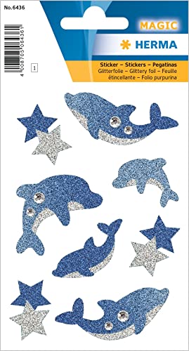 HERMA 6436 Aufkleber Delfin Glitzer klein groß, 8 Stück, Tiere Sticker mit Delphin Meerestiere Sterne Motiv, Kinder Etiketten für Fotoalbum Tagebuch Poesiealbum Scrapbooking Geburtstag Deko Briefe DIY von HERMA