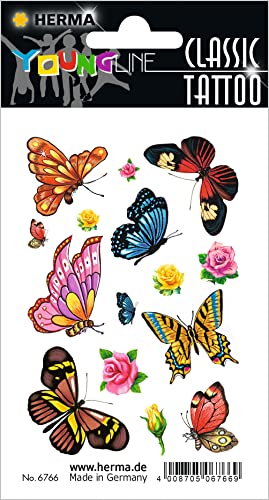 HERMA 6766 Temporäre Tattoos Schmetterlinge, 15 Stück, Klebetattoos zum Aufkleben, Fake Tattoos Aufkleber mit Blumen Motiv, Kindertattoos Sticker für Geburtstag Fasching Karneval Kinder Erwachsene von HERMA