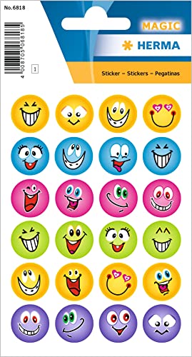 HERMA 6818 Aufkleber Smiley Glitzer klein groß, 24 Stück, Belohnung Sticker mit lustigen Emoji Gesicht Motiv, Kinder Etiketten für Schule Grundschule Schüler Tagebuch Scrapbooking Geburtstag Deko DIY von HERMA