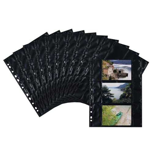 HERMA 7710 Fotohüllen für Ordner, 250 Stück, 9x13 cm quer, 3 Fächer geteilt, beidseitig bestückbare Fotophan Fotosichthüllen Sammelhüllen Postkartenhüllen Prospekthüllen mit Eurolochung, schwarz von HERMA