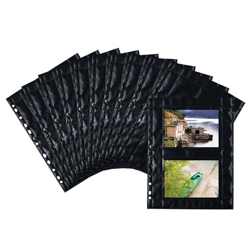 HERMA 7717 Fotohüllen für Ordner, 250 Stück, 10x15 cm quer, 2 Fächer geteilt, beidseitig bestückbare Fotophan Fotosichthüllen Sammelhüllen Postkartenhüllen Prospekthüllen mit Eurolochung, schwarz von HERMA