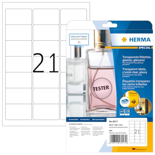 HERMA 8017 Wetterfeste Folienetiketten transparent, 800 Blatt, 63,5 x 38,1 mm, 21 pro A4 Bogen, 16800 Stück, selbstklebend, bedruckbar, glänzend, Klebeetiketten Aufkleber aus Folie, durchsichtig von HERMA