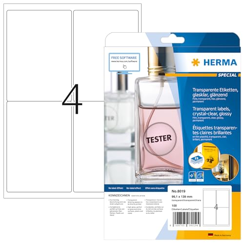 HERMA 8019 Wetterfeste Folienetiketten transparent, 800 Blatt, 99,1 x 139 mm, 4 pro A4 Bogen, 3200 Stück, selbstklebend, bedruckbar, glänzend, blanko Klebeetiketten Aufkleber aus Folie, durchsichtig von HERMA