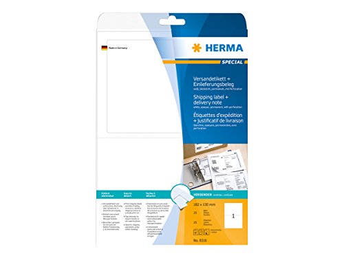 HERMA 8316 Versandetiketten mit Einlieferungsbeleg blickdicht, 25 Blatt, 182 x 130 mm, 1 pro A4 Bogen, 25 Stück, selbstklebend, bedruckbar, matt, blanko Papier Adressetiketten Aufkleber, weiß von HERMA