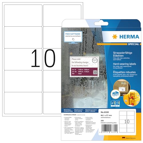 HERMA 8330 Wetterfeste Versandetiketten, 25 Blatt, 99,1 x 57 mm, 10 pro A4 Bogen, 250 Stück, selbstklebend, bedruckbar, matt, blanko Adressetiketten Aufkleber aus Folie, weiß von HERMA