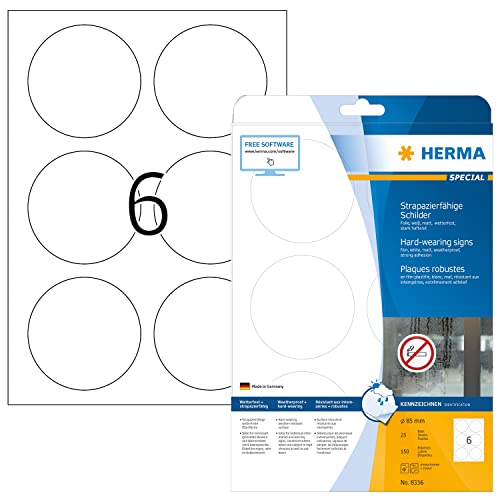 HERMA 8336 Wetterfeste Folienetiketten rund, 25 Blatt, Ø 85 mm, 6 pro A4 Bogen, 150 Stück, selbstklebend, bedruckbar, matt, blanko Klebeetiketten Aufkleber aus Folie, weiß von HERMA