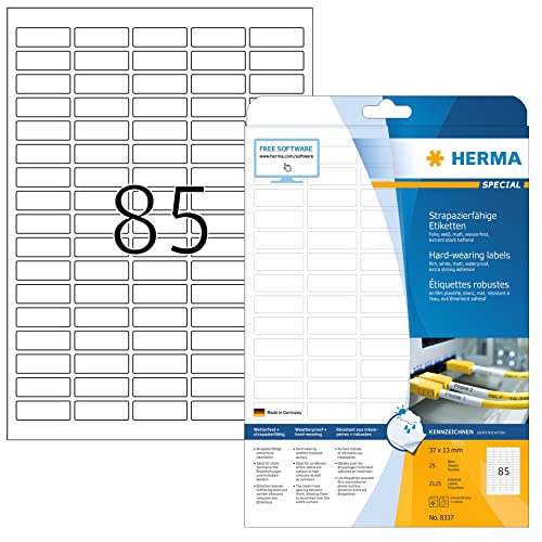 HERMA 8337 Wetterfeste Folienetiketten, 800 Blatt, 37 x 13 mm, 85 pro A4 Bogen, 68000 Stück, selbstklebend, bedruckbar, matt, blanko Klebeetiketten Aufkleber aus Folie, weiß von HERMA