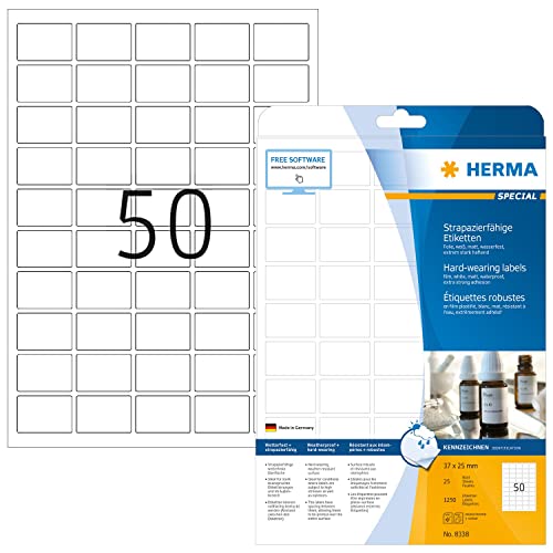 HERMA 8338 Wetterfeste Folienetiketten, 25 Blatt, 37 x 25 mm, 50 pro A4 Bogen, 1250 Stück, selbstklebend, bedruckbar, matt, blanko Klebeetiketten Aufkleber aus Folie, weiß von HERMA