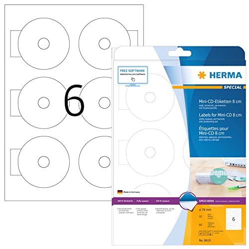 HERMA 8619 Mini CD Etiketten inkl. Zentrierhilfe blickdicht, 10 Blatt, Ø 78 mm, 6 pro A4 Bogen, 60 Stück, selbstklebend, bedruckbar, matt, blanko Papier Klebeetiketten Aufkleber, weiß von HERMA