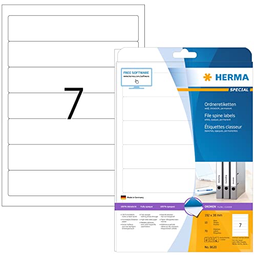 HERMA 8620 Ordnerrücken Etiketten kurz schmal, 320 Blatt, 192 x 38 mm, 7 pro A4 Bogen, 2240 Stück, selbstklebend, bedruckbar, blickdicht, blanko Papier Ordneretiketten Rückenschilder Aufkleber, weiß von HERMA