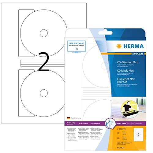 HERMA 8624 CD DVD Etiketten inkl. Zentrierhilfe blickdicht, 320 Blatt, Ø 116 mm MAXI, 2 pro A4 Bogen, 640 Stück, selbstklebend, bedruckbar, matt, blanko Papier Klebeetiketten Aufkleber, weiß von HERMA