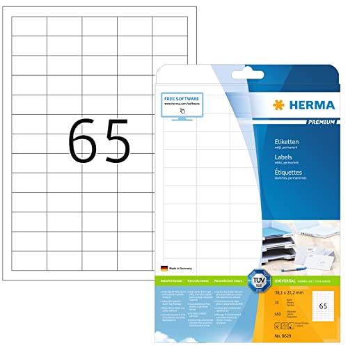 HERMA 8629 Universal Etiketten, 320 Blatt, 38,1 x 21,2 mm, 65 pro A4 Bogen, 20800 Stück, selbstklebend, bedruckbar, matt, blanko Papier Klebeetiketten Aufkleber, weiß von HERMA