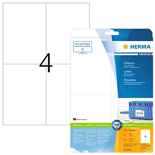 HERMA 8630 Versandetiketten, 10 Blatt, 105 x 148 mm, 4 pro A4 Bogen, 40 Stück, selbstklebend, bedruckbar, matt, blanko Papier Adressetiketten Aufkleber, weiß von HERMA