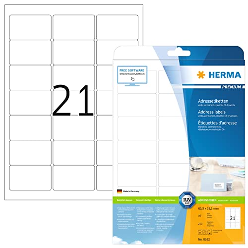 HERMA 8632 Adressetiketten, 320 Blatt, 63,5 x 38,1 mm, 21 pro A4 Bogen, 6720 Stück, selbstklebend, bedruckbar, matt, blanko Papier Adressaufkleber Etiketten, weiß von HERMA