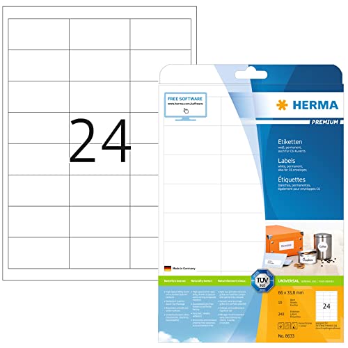 HERMA 8633 Adressetiketten, 320 Blatt, 66 x 33,8 mm, 24 pro A4 Bogen, 7680 Stück, selbstklebend, bedruckbar, matt, blanko Papier Adressaufkleber Etiketten, weiß von HERMA