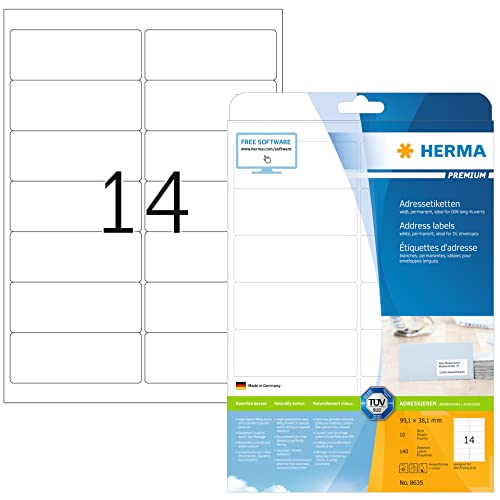 HERMA 8635 Universal Etiketten, 320 Blatt, 99,1 x 38,1 mm, 14 pro A4 Bogen, 4480 Stück, selbstklebend, bedruckbar, matt, blanko Papier Klebeetiketten Aufkleber, weiß von HERMA