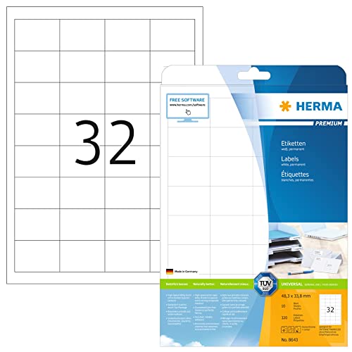 HERMA 8643 Universal Etiketten, 10 Blatt, 48,3 x 33,8 mm, 32 pro A4 Bogen, 320 Stück, selbstklebend, bedruckbar, matt, blanko Papier Klebeetiketten Aufkleber, weiß von HERMA