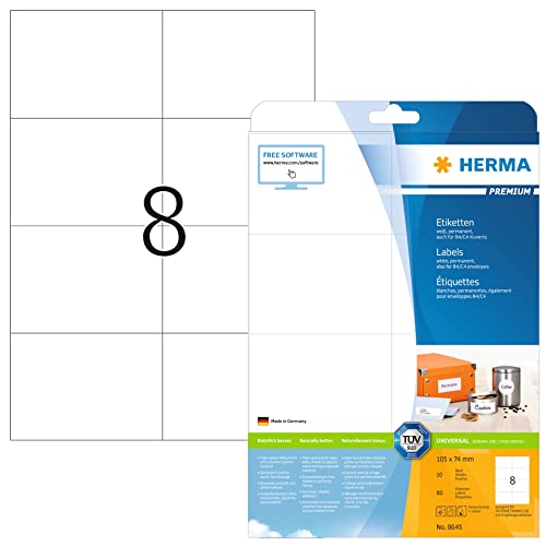 HERMA 8645 Versandetiketten, 320 Blatt, 105 x 74 mm, 8 pro A4 Bogen, 2560 Stück, selbstklebend, bedruckbar, matt, blanko Papier Adressetiketten Aufkleber, weiß von HERMA