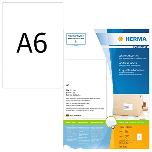 HERMA 8689 Universal Etiketten, 800 Blatt, 105 x 148 mm, 1 pro A6 Bogen, 800 Stück, selbstklebend, bedruckbar, matt, blanko Papier Klebeetiketten Aufkleber, weiß von HERMA