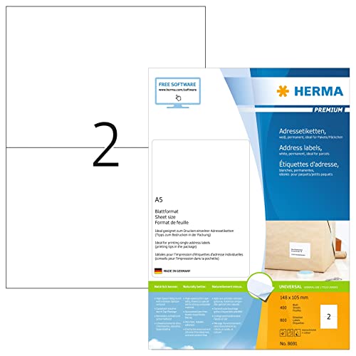 HERMA 8691 Versandetiketten, 400 Blatt, 148 x 105 mm, 2 pro A5 Bogen, 800 Stück, selbstklebend, bedruckbar, matt, blanko Papier Adressetiketten Aufkleber, weiß von HERMA