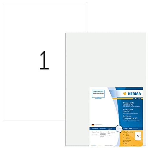 HERMA 8694 Wetterfeste Folienetiketten transparent, 350 Blatt, 297 x 420 mm, 1 pro A3 Bogen, 350 Stück, selbstklebend, bedruckbar, glänzend, blanko Klebeetiketten Aufkleber aus Folie, durchsichtig von HERMA