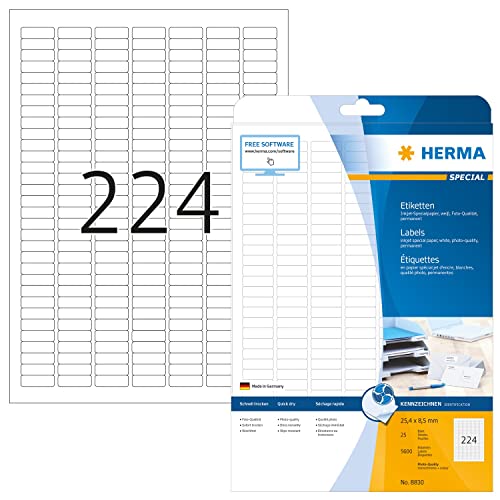 HERMA 8830 Universal Etiketten für Inkjet Drucker, 800 Blatt, 25,4 x 8,5 mm, 224 pro A4 Bogen, 179200 Stück, selbstklebend, bedruckbar matt blanko Klebeetiketten Aufkleber für Tintenstrahldrucker weiß von HERMA