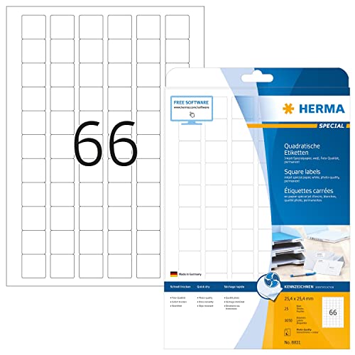 HERMA 8831 Universal Etiketten für Inkjet Drucker, 800 Blatt, 25,4 x 25,4 mm, 66 pro A4 Bogen, 52800 Stück, selbstklebend, bedruckbar, matt blanko Klebeetiketten Aufkleber für Tintenstrahldrucker weiß von HERMA