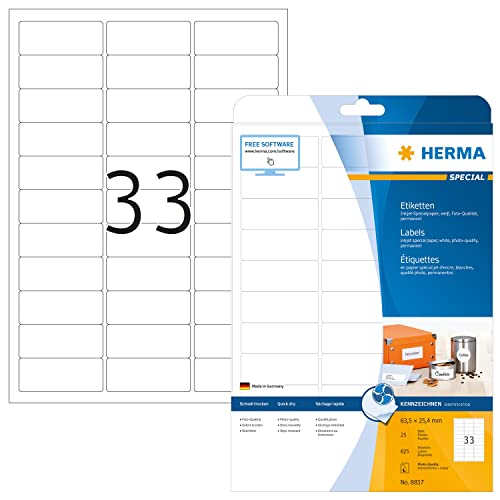 HERMA 8837 Universal Etiketten für Inkjet Drucker, 800 Blatt, 63,5 x 25,4 mm, 33 pro A4 Bogen, 26400 Stück, selbstklebend, bedruckbar, matt blanko Klebeetiketten Aufkleber für Tintenstrahldrucker weiß von HERMA