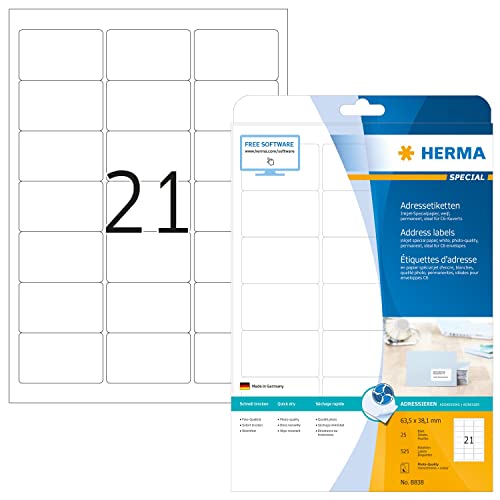 HERMA 8838 Adressetiketten für Inkjet Drucker, 25 Blatt, 63,5 x 38,1 mm, 21 pro A4 Bogen, 525 Stück, selbstklebend, bedruckbar, matt, blanko Adressaufkleber Etiketten für Tintenstrahldrucker, weiß von HERMA