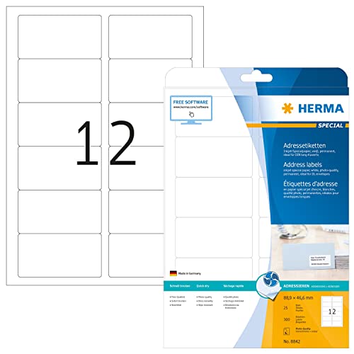 HERMA 8842 Adressetiketten für Inkjet Drucker, 800 Blatt, 88,9 x 46,6 mm, 12 pro A4 Bogen, 9600 Stück, selbstklebend, bedruckbar, matt, blanko Adressaufkleber Etiketten für Tintenstrahldrucker, weiß von HERMA