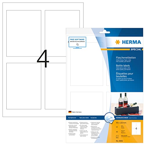 HERMA 8882 Flaschenetiketten, 10 Blatt, 90 x 120 mm, 4 pro A4 Bogen, 40 Stück, selbstklebend, bedruckbar, glänzend, blanko Flaschenaufkleber Etiketten aus hochwertigem Papier, weiß von HERMA