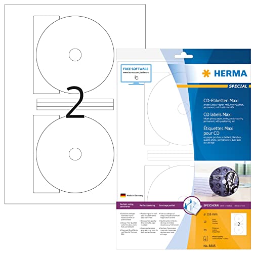 HERMA 8885 CD DVD Etiketten inkl. Zentrierhilfe für Inkjet Drucker, 320 Blatt, Ø 116 mm MAXI, 2 pro A4 Bogen, 640 Stück, selbstklebend, bedruckbar, glänzend blanko Papier Klebeetiketten Aufkleber weiß von HERMA