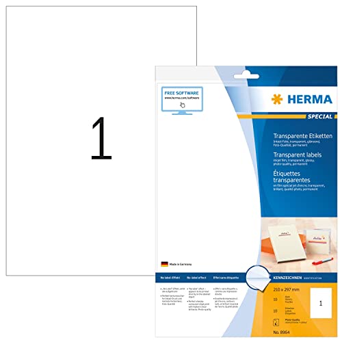 HERMA 8964 Folienetiketten für Inkjet Drucker transparent, 10 Blatt, 210 x 297 mm, 1 pro A4 Bogen, 10 Stück, selbstklebend, bedruckbar, glänzend blanko Klebeetiketten Aufkleber für Tintenstrahldrucker von HERMA