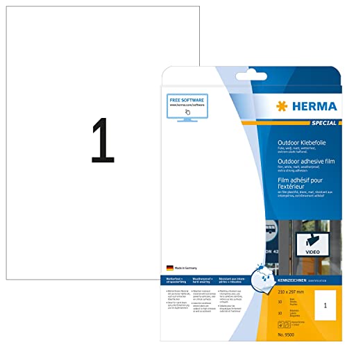 HERMA 9500 Wetterfeste Folienetiketten, 10 Blatt, 210 x 297 mm, 1 pro A4 Bogen, 10 Stück, selbstklebend, bedruckbar, matt, blanko Outdoor Klebeetiketten Aufkleber aus Polyethylen, weiß von HERMA