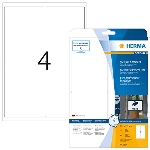 HERMA 9534 Wetterfeste Folienetiketten, 320 Blatt, 99,1 x 139 mm, 4 pro A4 Bogen, 1280 Stück, selbstklebend, bedruckbar, matt, blanko Outdoor Klebeetiketten Aufkleber aus Polyethylen, weiß von HERMA