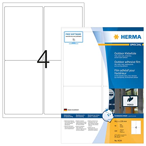 HERMA 9539 Wetterfeste Folienetiketten, 560 Blatt, 99,1 x 139 mm, 4 pro A4 Bogen, 2240 Stück, selbstklebend, bedruckbar, matt, blanko Outdoor Klebeetiketten Aufkleber aus Polyethylen, weiß von HERMA