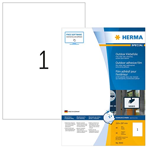 HERMA 9543 Wetterfeste Folienetiketten, 560 Blatt, 210 x 297 mm, 1 pro A4 Bogen, 560 Stück, selbstklebend, bedruckbar, matt, blanko Outdoor Klebeetiketten Aufkleber aus Polyethylen, weiß von HERMA