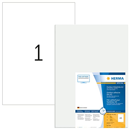 HERMA 9544 Wetterfeste Folienetiketten, 40 Blatt, 297 x 420 mm, 1 pro A3 Bogen, 40 Stück, selbstklebend, bedruckbar, matt, blanko Outdoor Klebeetiketten Aufkleber aus Polyethylen, weiß von HERMA