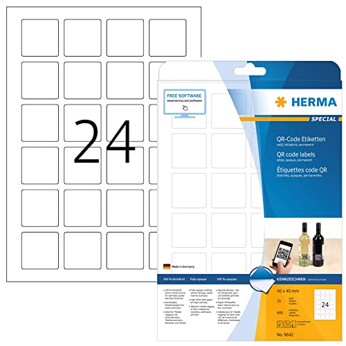 HERMA 9642 QR Code Etiketten blickdicht quadratisch, 25 Blatt, 40 x 40 mm, 24 pro A4 Bogen, 600 Stück, selbstklebend, bedruckbar, matt, blanko Papier QR-Code Klebeetiketten Aufkleber, weiß von HERMA