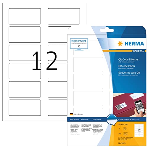 HERMA 9643 QR Code Etiketten blickdicht, 800 Blatt, 80 x 40 mm, 12 pro A4 Bogen, 9600 Stück, selbstklebend, bedruckbar, matt, blanko Papier QR-Code Klebeetiketten Aufkleber, weiß von HERMA