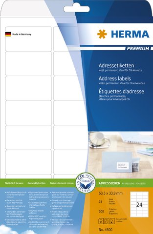 HERMA Adressetikett, Schreibmaschine, auf A4-Bogen, selbstklebend, 63,5 x 33,9 mm, weiß (600 Stück), Sie erhalten 1 Packung á 600 Stück von HERMA