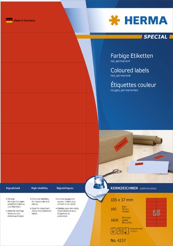 HERMA Etikett, Inkjet/Laser/Kopierer, selbstklebend, 105 x 37 mm, rot (1.600 Stück), Sie erhalten 1 Packung á 1600 Stück von HERMA