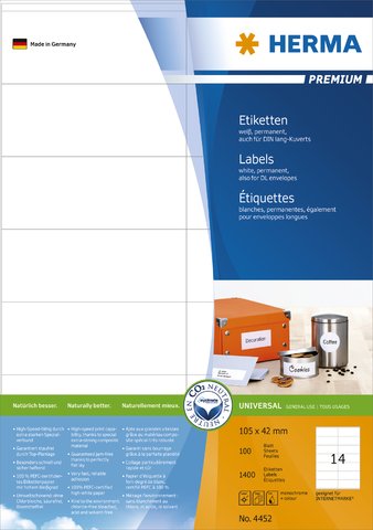 HERMA Etikett, Inkjet/Laser/Kopierer, selbstklebend, 105 x 42 mm, weiß (1.400 Stück), Sie erhalten 1 Packung á 1400 Stück von HERMA