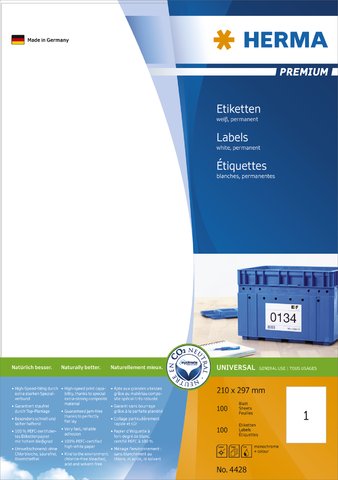 HERMA Etikett, Inkjet/Laser/Kopierer, selbstklebend, 210 x 297 mm, weiß (100 Stück), Sie erhalten 1 Packung á 100 Stück von HERMA