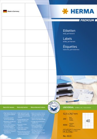 HERMA Etikett, Inkjet/Laser/Kopierer, selbstklebend, 52,5 x 29,7 mm, weiß (8.000 Stück), Sie erhalten 1 Packung á 8000 Stück von HERMA