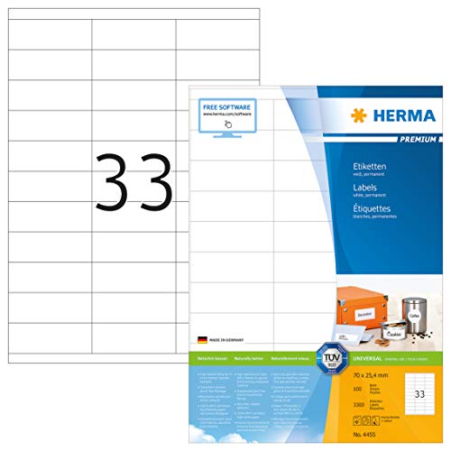 HERMA Etikett, Inkjet/Laser/Kopierer, selbstklebend, 70 x 25,4 mm, weiß (3.300 Stück), Sie erhalten 1 Packung á 3300 Stück von HERMA